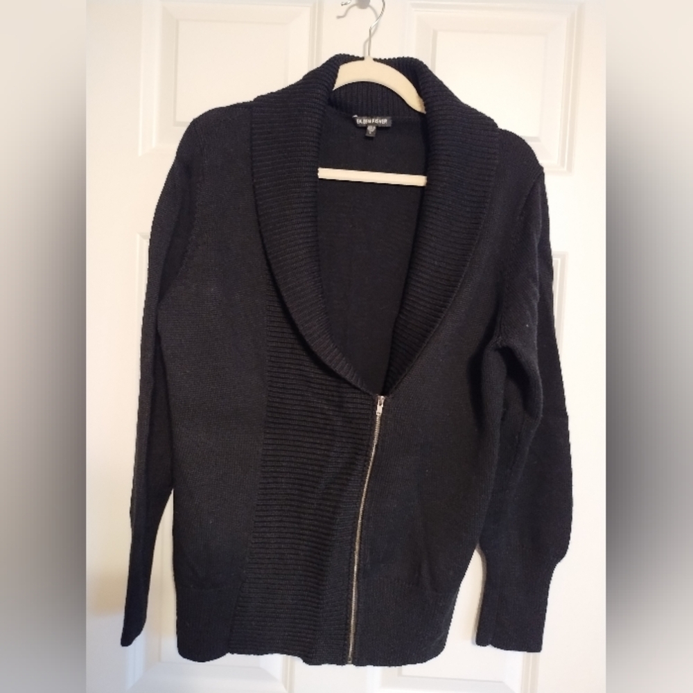 Eileen Fisher Black Women's Merino Wool Moto Sweater